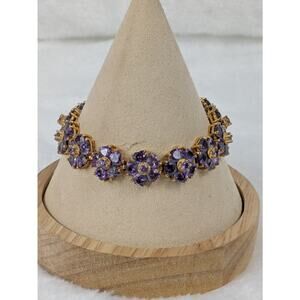 DBJ 10K Gold Plated CZ Purple Floral Link Bracelet 7" Vintage Cluster Design